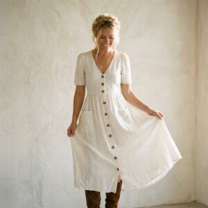 Zara Button Front Linen Cottagecore Blend Midi Dress with Pockets - Size M